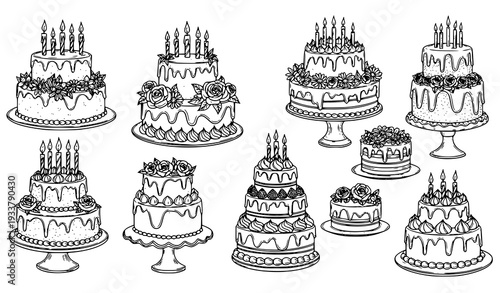 A set of beautifully decorated cakes with candles and flowers in a vector illustration