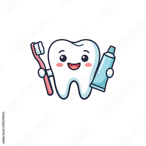 Cartoon tooth character holding toothbrush and toothpaste promoting dental hygiene with cheerful smile and rosy cheeks