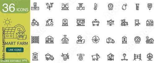Smart farm line icon agriculture farming automation technology irrigation tractor greenhouse livestock set with editable stroke, precision farming symbol for app interface, web, infographic