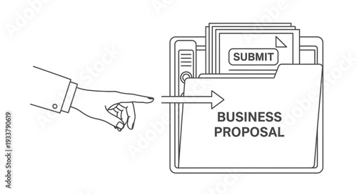 Hand pointing toward a file folder labeled business proposal with a submit button indicating the digital submission of important documentation for review.