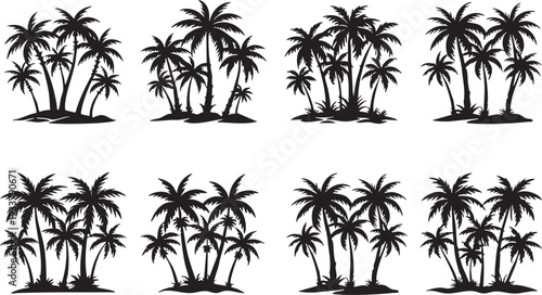 Collection of black silhouette palm trees on islands tropical landscape elements for vacation and summer design isolated on white background