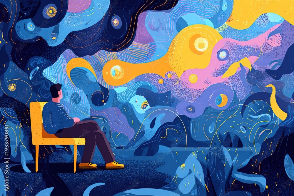 Fototapeta premium Man sitting on a yellow chair gazes at vibrant abstract artwork featuring swirling colors and shapes, creating a dreamlike atmosphere in a surreal environment
