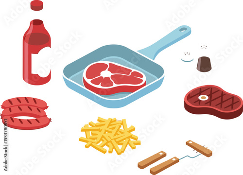 Grilled steak and barbecue ingredients set with frying pan sausages fries and sauce flat vector illustration