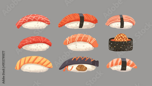 Set of Traditional asian food. Set of cute sushi rolls with rice, salmon, tuna, tiger prawn, caviar, fish, avocado and seaweed.