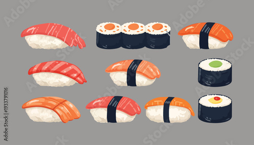Set of Traditional asian food. Set of cute sushi rolls with rice, salmon, tuna, tiger prawn, caviar, fish, avocado and seaweed.