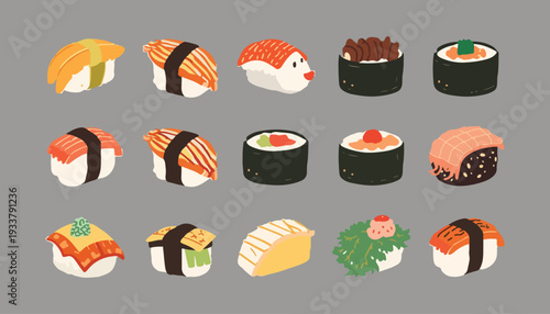 Set of variant sushi different. Japanese food. Rice and salmon fish. Seafood restaurant menu.