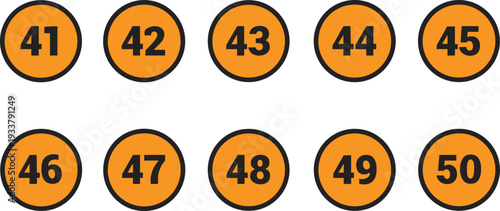 Collection of numbered orange circles from 41 to 50 simple graphic elements for counting or ordering isolated on white