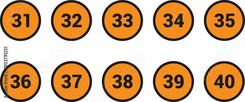 Collection of numbered orange circles from 31 to 40 simple vector graphics for design elements and counting concepts