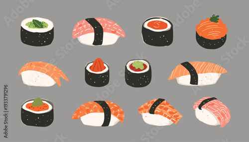 Set of variant sushi different. Japanese food. Rice and salmon fish. Seafood restaurant menu.