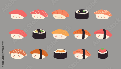 A collection of adorable cartoon sushi illustrations on a gray background, featuring nigiri and maki rolls