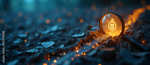 Concept of forensic discovery with a magnifying glass revealing a glowing symbol on dark soil at night