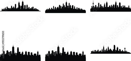 Set of multiple city skyline silhouettes, featuring varied building heights and architectural designs, perfect for urban graphic design.