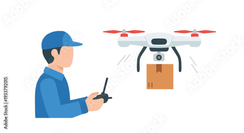 Drone Package Delivery Operated by Man with Remote Control, Illustrating Modern Logistics, Automated Shipping, and Future E-commerce Concepts