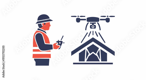 Drone Roof Inspection Icon: Professional Operating UAV for Property Survey and Home Assessment