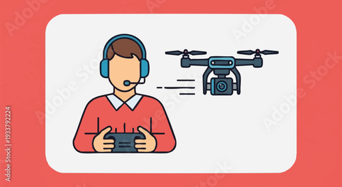 Professional Drone Operator with Remote Controller and Headset Icon Illustration