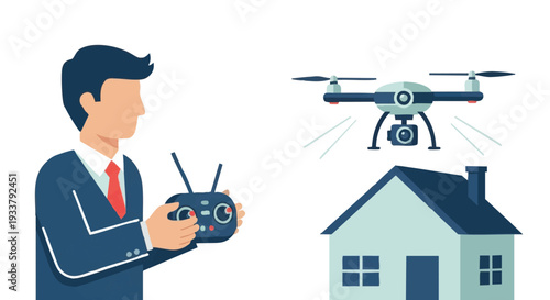 Professional Man Controls Drone for Real Estate Property Inspection and Aerial Survey