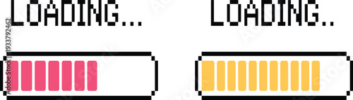 Pixel Progress Loading Bar Vector Set with Pink and Yellow Status Indicators for Retro Video Game Design