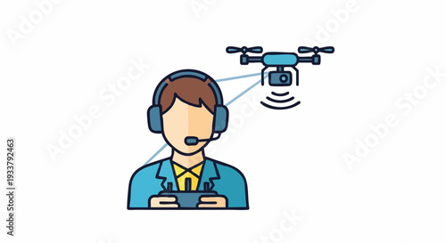 Professional Drone Pilot Operating UAV with Remote Control and Headset - Modern Aerial Technology Icon