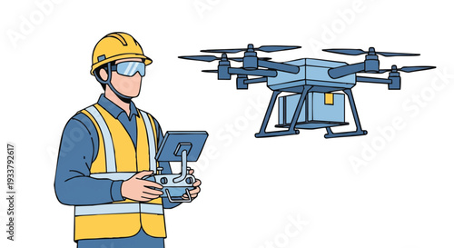 Drone Delivery Service: Worker in Safety Gear Controls UAV Carrying Package for Modern Logistics & E-commerce Shipping Technology
