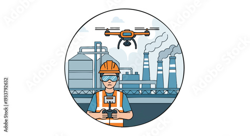 Worker Operating Drone for Industrial Inspection and Monitoring at a Manufacturing Plant