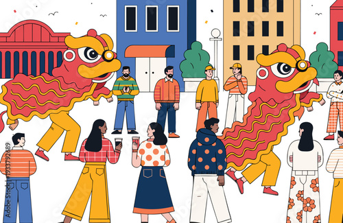 Chinese Lion Dance Performance at City Street Festival Flat Vector Illustration