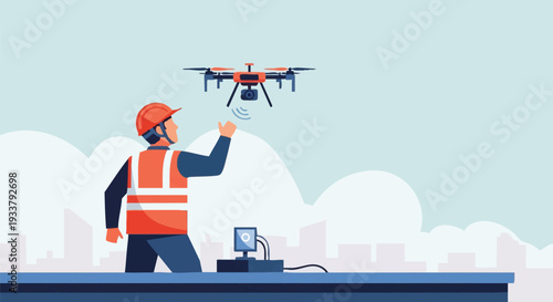 Construction Worker Operating Drone for Aerial Site Inspection and Surveying. Engineer Controls UAV for Industrial Monitoring & Data Collection Technology.