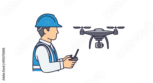 Professional Drone Operator in Hard Hat and Safety Vest Remotely Piloting UAV for Industrial Inspection or Surveying