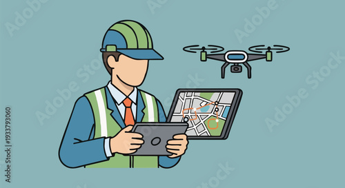 Professional Drone Operator Using Tablet for Aerial Mapping, GIS, and Site Surveying Illustration