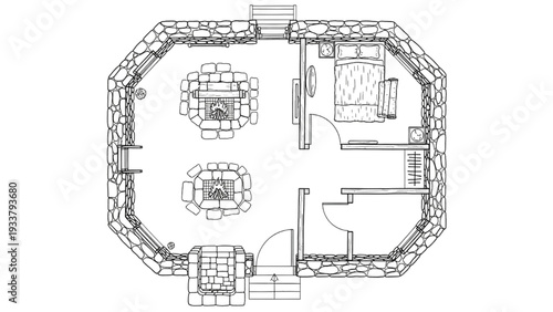 High Quality Black Line Art of Medieval Stone Cottage Floor Plan with Hearth, Sleeping Area, and Small Storage Room, Top View Architectural Layout Illustration