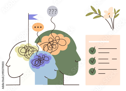 Mental health, decision-making, therapy, problem-solving, self-growth, emotional wellness. Human silhouettes with tangled thoughts, checklist and plant illustration. Mental health and therapy