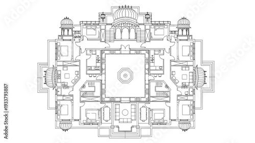 High Quality Black Line Art of Traditional Indian Haveli-Style House Layout with Inner Courtyard and Multiple Chambers, Top View Architectural Floor Plan Illustration