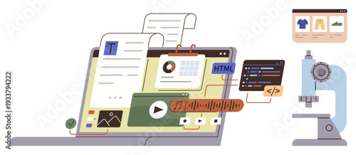 Web design, coding education, content creation, e-commerce, research, multimedia. Laptop with coding screen, media content and data charts. Web design and coding education concept