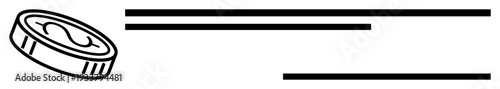 Financial transactions, money movement, digital finance, economy, payment systems, saving. A coin with a dollar sign and parallel lines indicating motion. Financial transactions and money movement