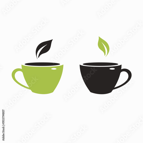 Two stylized teacups with leaves graphic design on a white background