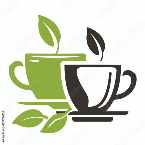 Stylized cups of tea with green leaves in a minimalist design on white background