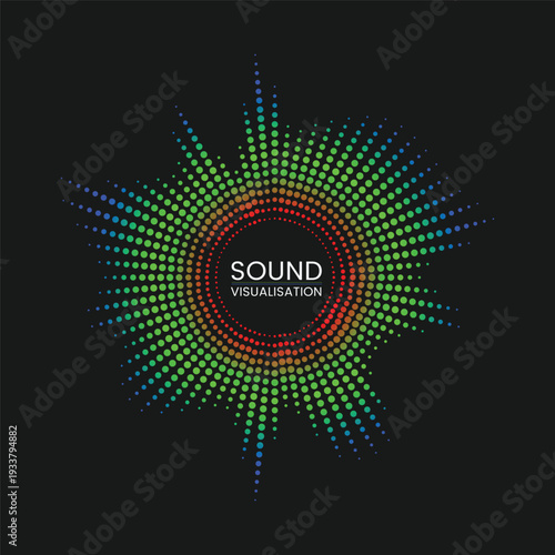 Abstract Neon Audio Spectrum Circle with Colorful Sound Wave Visualization on Dark Background.