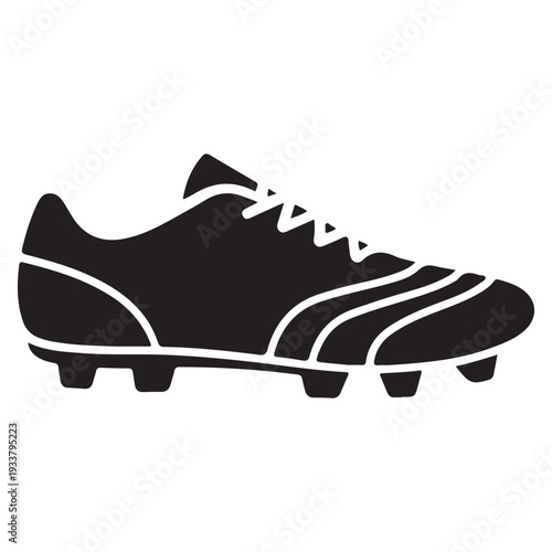 Black and white illustration of a soccer cleat shoe with white laces and stripes isolated on white background