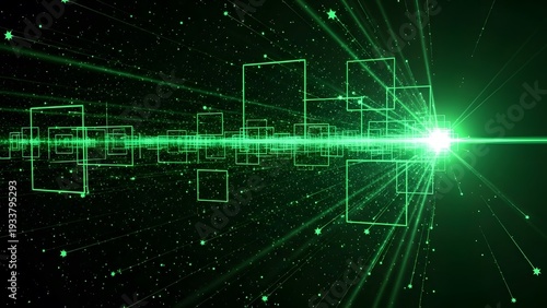 Virtual reality data transmission and high speed fiber optics. Digital space and cyber connectivity. Green light rays and glowing geometric squares flying through a dark starry universe