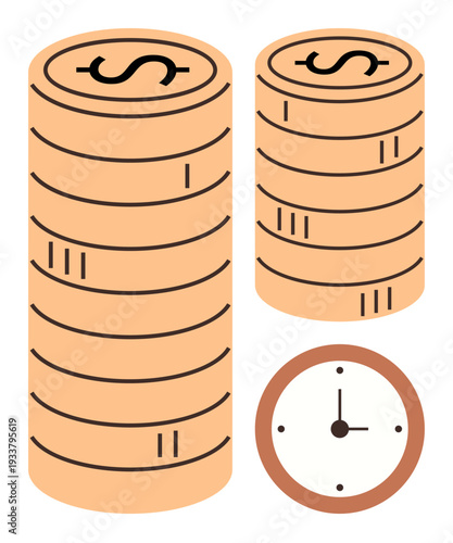 Financial planning, investment ideas, time value of money, banking services, saving strategies, economic growth. Stacks of coins with dollar symbols and a clock. Financial planning and investment