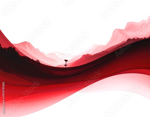 Wallpaper Mural A stylized, crimson landscape featuring rolling abstract waves, mountainous silhouettes, and a distant, solitary structure Torontodigital.ca