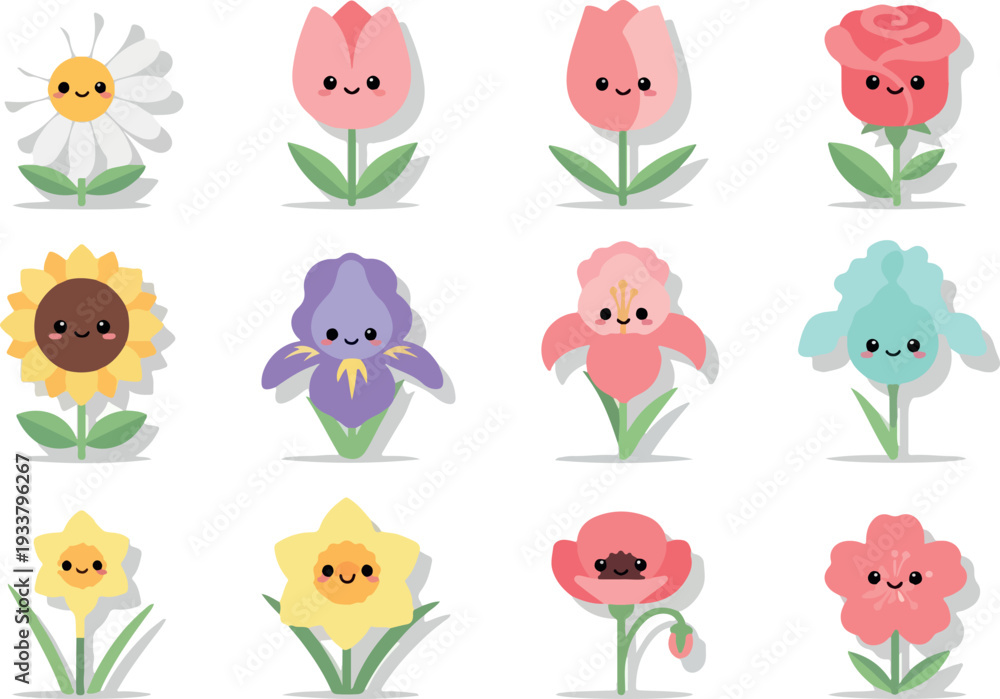 Obraz premium Collection of colorful cartoon flowers with smiling faces arranged in a grid pattern on a clean background