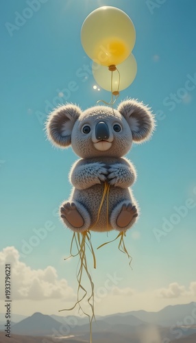 Cute Plush Koala Floating with Balloon in Blue Sky