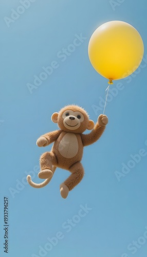 Plush Monkey Floating with Balloon in Clear Blue Sky