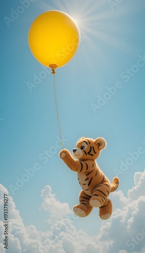 Plush Tiger Cub Floating with Yellow Balloon in Blue Sky