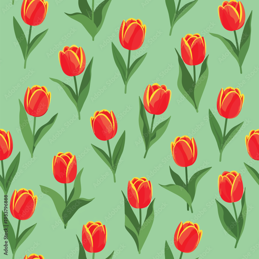 Fototapeta premium Vibrant red and yellow tulips seamless vector pattern on a pastel green background, ideal for spring designs
