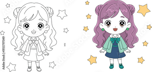 Cute cartoon anime girl with stars coloring page for kids with color reference cad drawing flat vector illustration with comma
