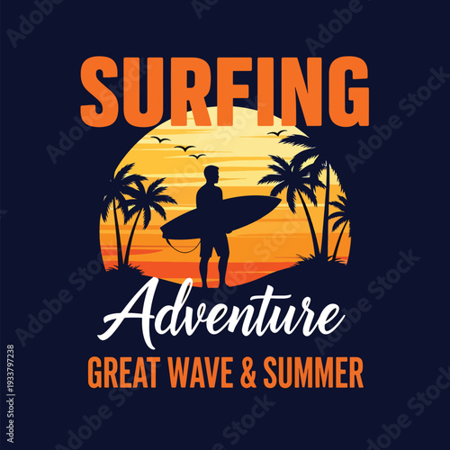 Tropical Surfing Adventure Illustration: Surfer Silhouette at Sunset on Beach