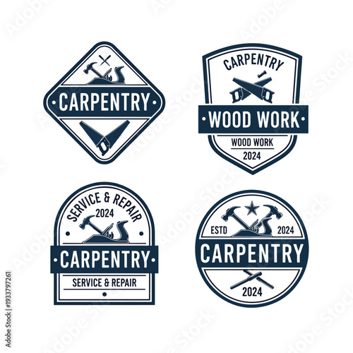Collection of carpentry and woodworking service emblems with classic hand tools, ideal for branding.