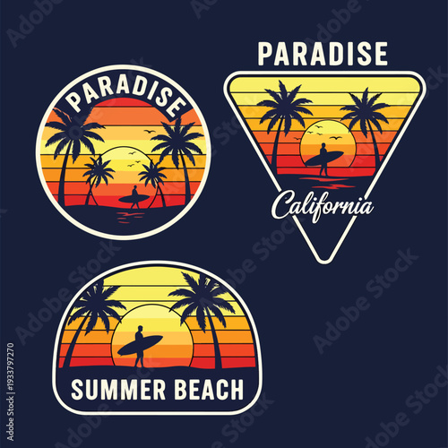 Tropical Paradise Summer Beach Surfing Emblems with California Sunset Palm Trees