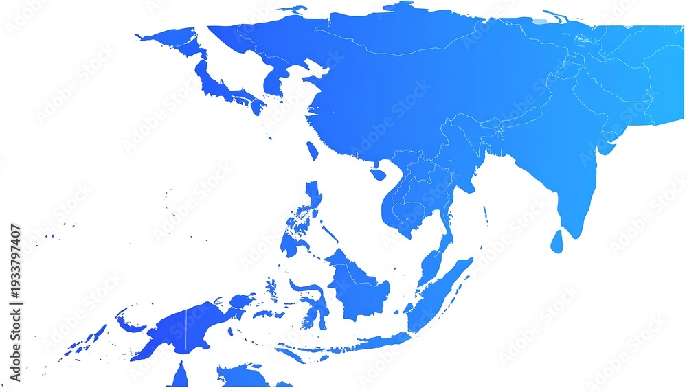 Obraz premium A stylized, gradient-filled map focusing on the Asian continent, showcasing landmasses and surrounding waters in shades of blue